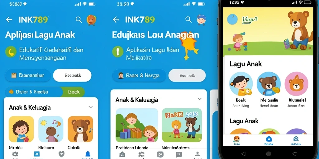 Antarmuka menarik dari aplikasi INK789 dengan koleksi lagu anak.