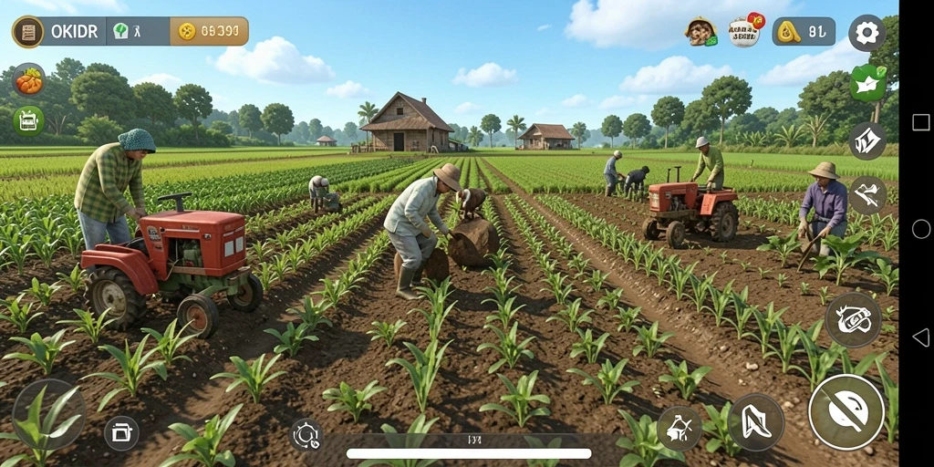 Antarmuka pengguna OKIDR menampilkan ladang yang rimbun dan hewan ternak.
